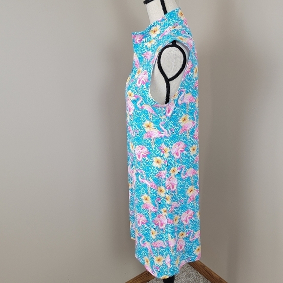 IBKUL Pink Flamingo/Floral Print Mock Neck Zip Sleeveless Golf Dress Sz M - Picture 4 of 14